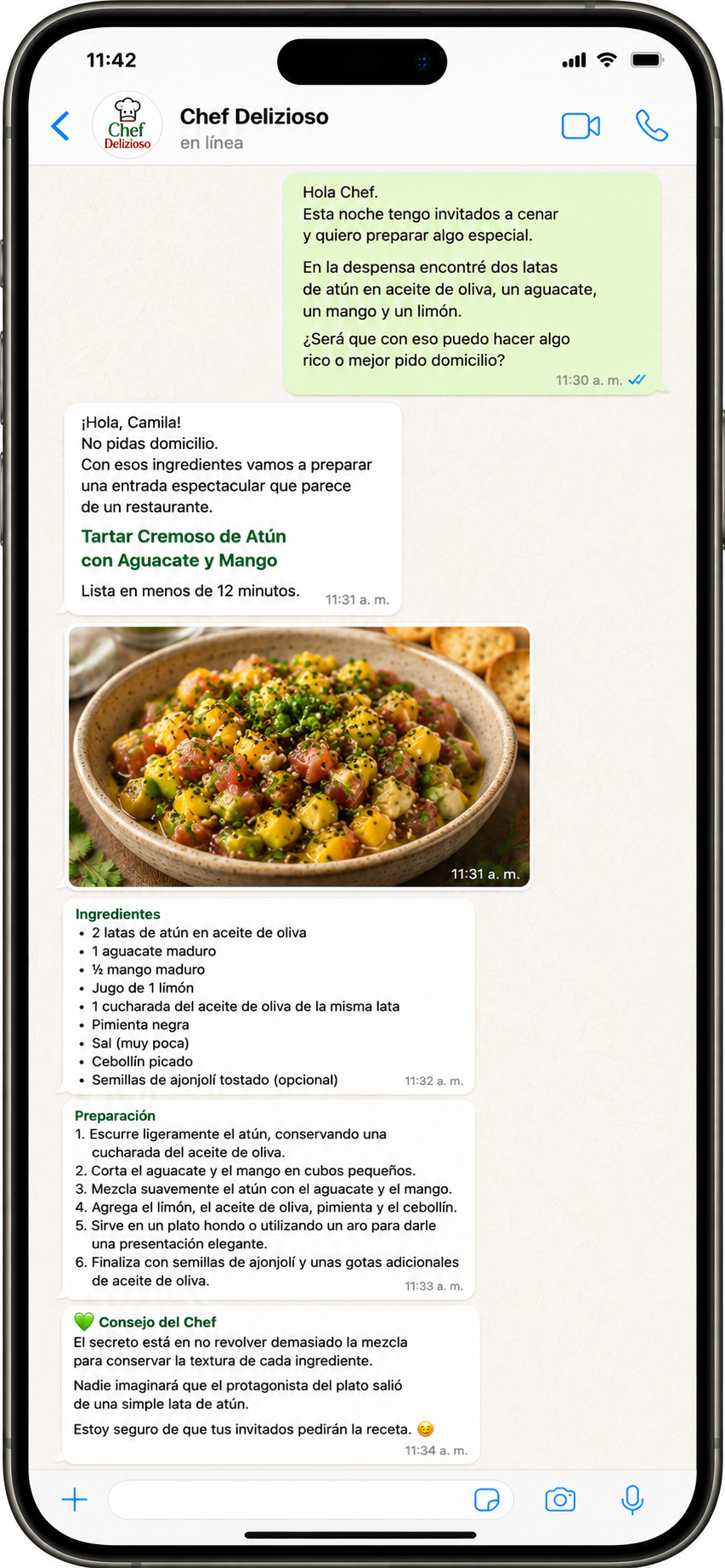Ejemplo de conversación con Chef Delizioso por WhatsApp: el usuario indica los ingredientes que tiene en su cocina y recibe una receta personalizada